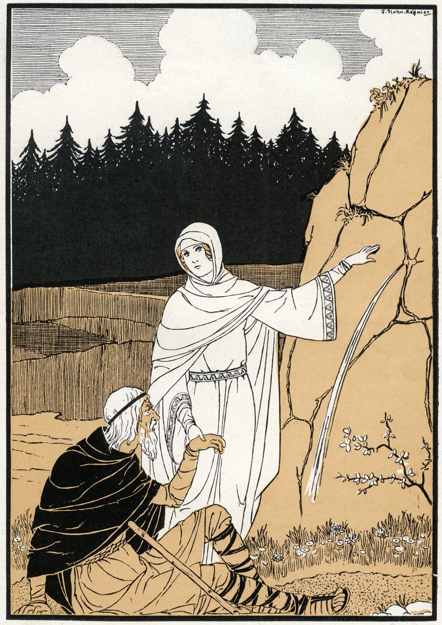 La legende de Sainte Odile (Odile de Hohenbourg, ca. 662- ca. 720) trækker en kilde ud af klippen - Illustration af Joseph Kuhn Regnier (Kuhn-Regnier) (1873-1940) til "Legendes et contes d