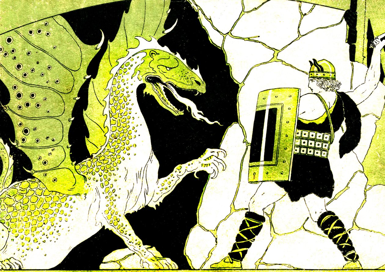 Siegfried kæmper mod dragen. Legenden om Nibelungen. Illustration af Joseph Kuhn Regnier (Kuhn-Regnier) (1873-1940) til "Epopees et legendes d