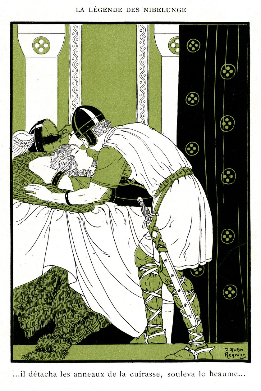 Legend of Nibelunge: Siegfried omfavner Walkyrie Brunnhilde (kromolitografi) af Joseph Kuhn Regnier