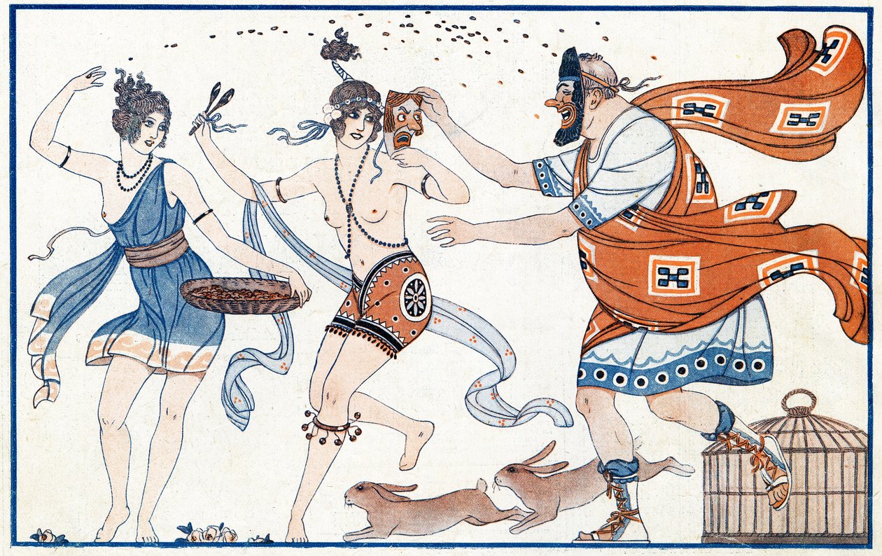 Ulykker i kalkmalerier, karnevallet i Pompeji - illustration fra la Vie Parisienne, 1923 af Joseph Kuhn Regnier