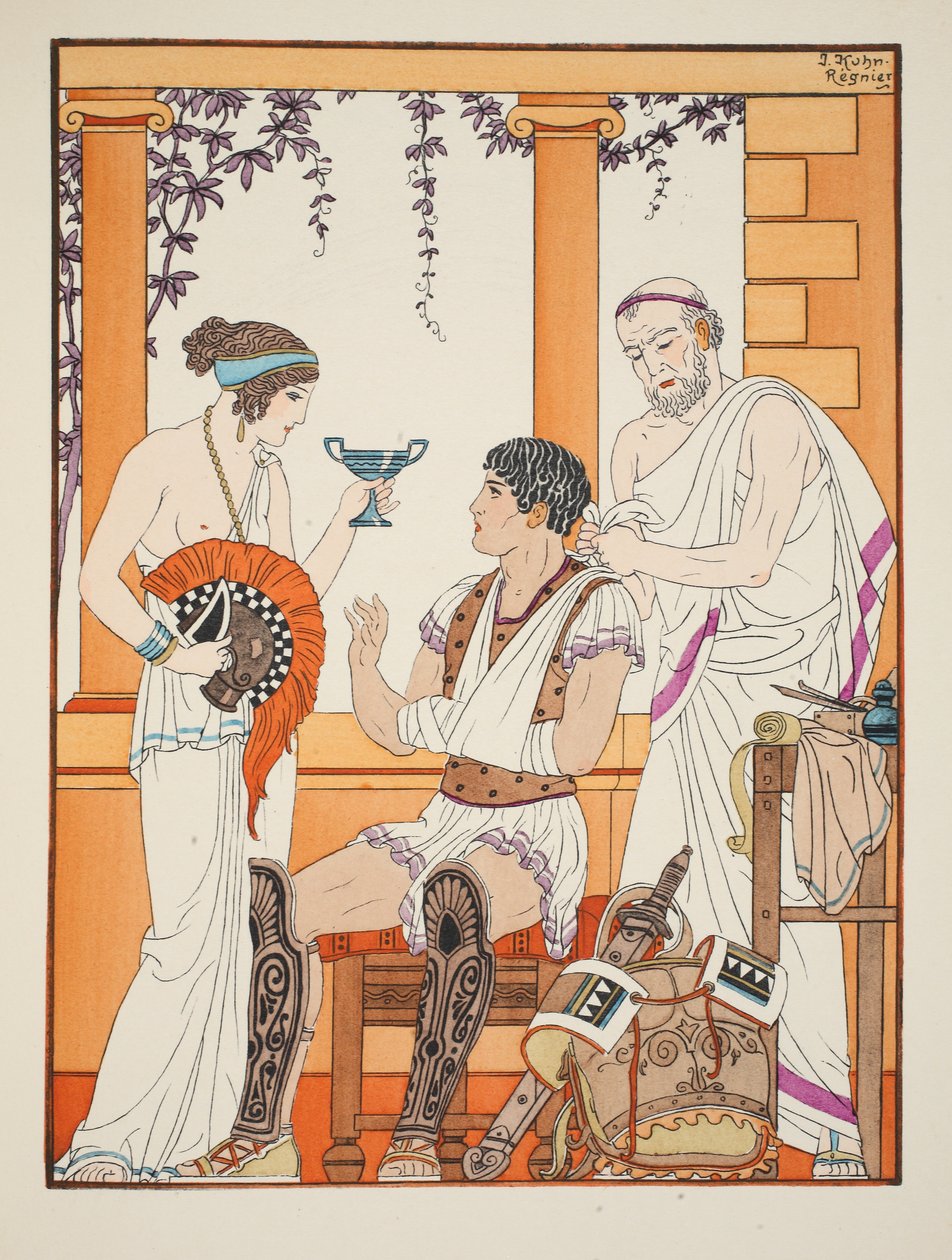 Såret soldat med armen i slynge, illustration fra "The Works of Hippocrates", 1934 af Joseph Kuhn Regnier