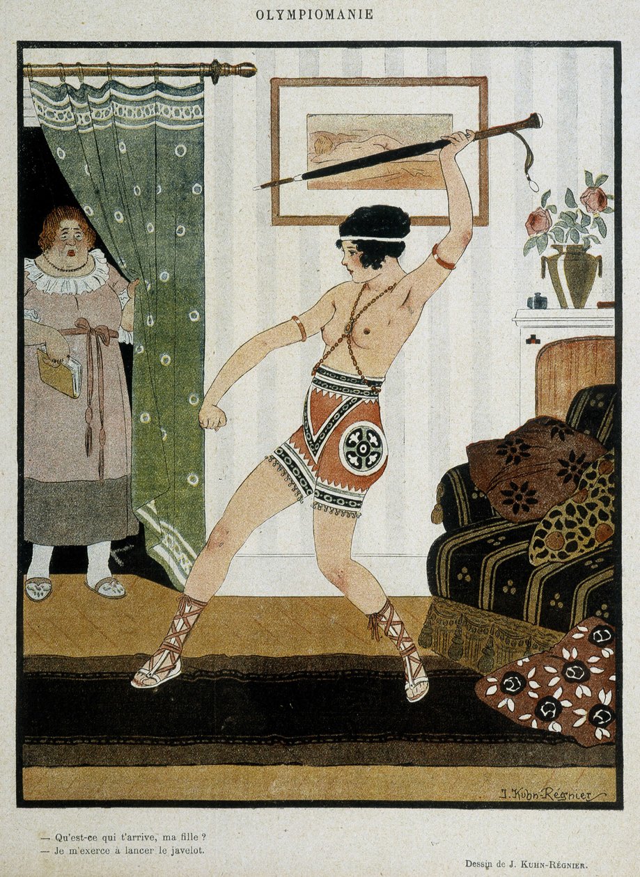 Ung pige i antikt kostume træner i at kaste spyd med en paraply. Fantasy plakat, der illustrerer olympiadernes entusiasme. Tegning af J. Kuhn Regnier omkring 1920. af Joseph Kuhn Regnier