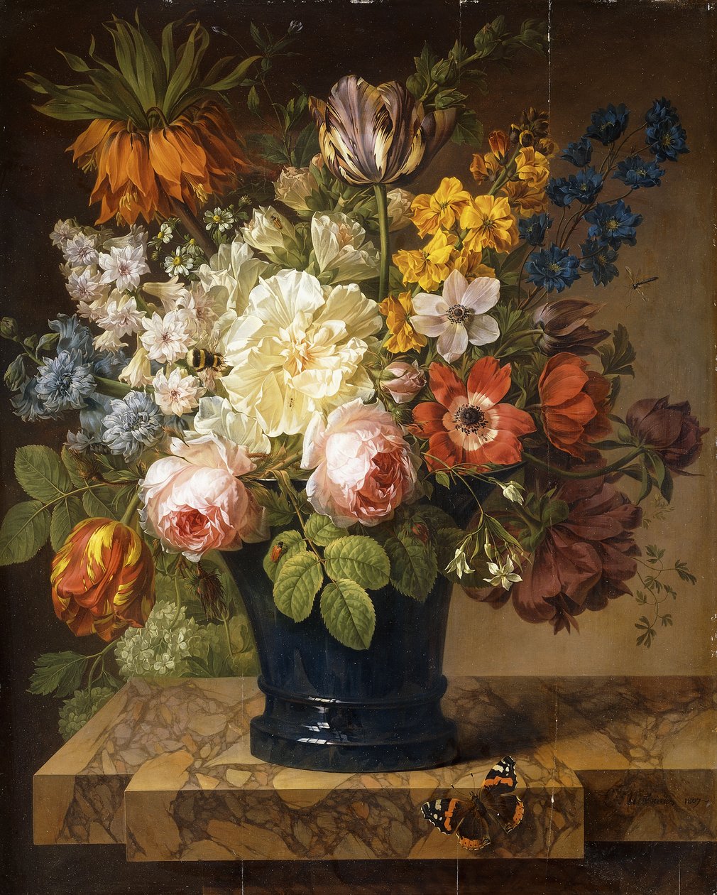 Blomster i en vase på en marmorafsats med en rød admiral, en humlebi, to biller og en guldsmede, 1807 af Joseph Laurent Malaine