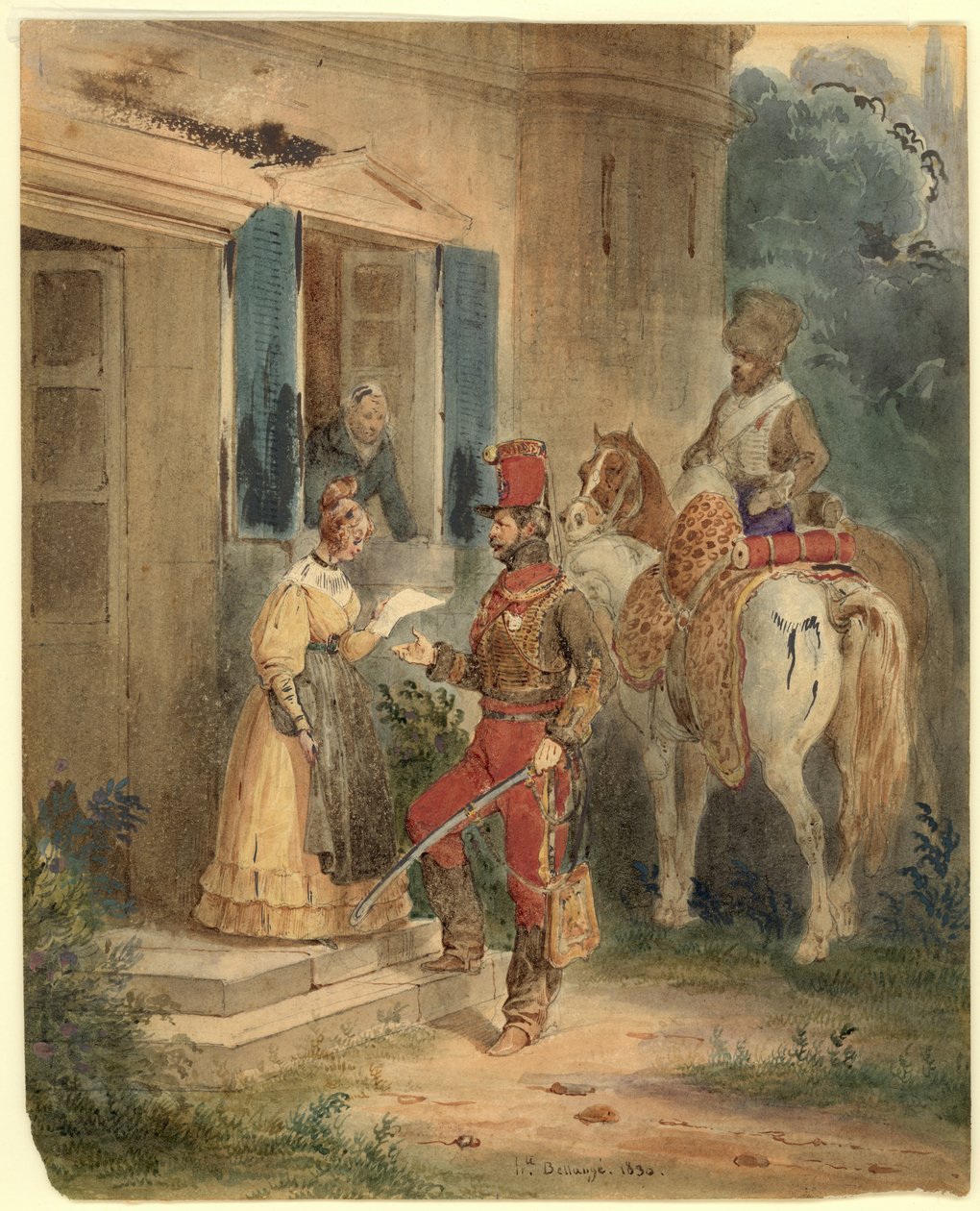 Husarer leverer nyheder (akvarel og blæk på papir) af Joseph Louis Hippolyte Bellange