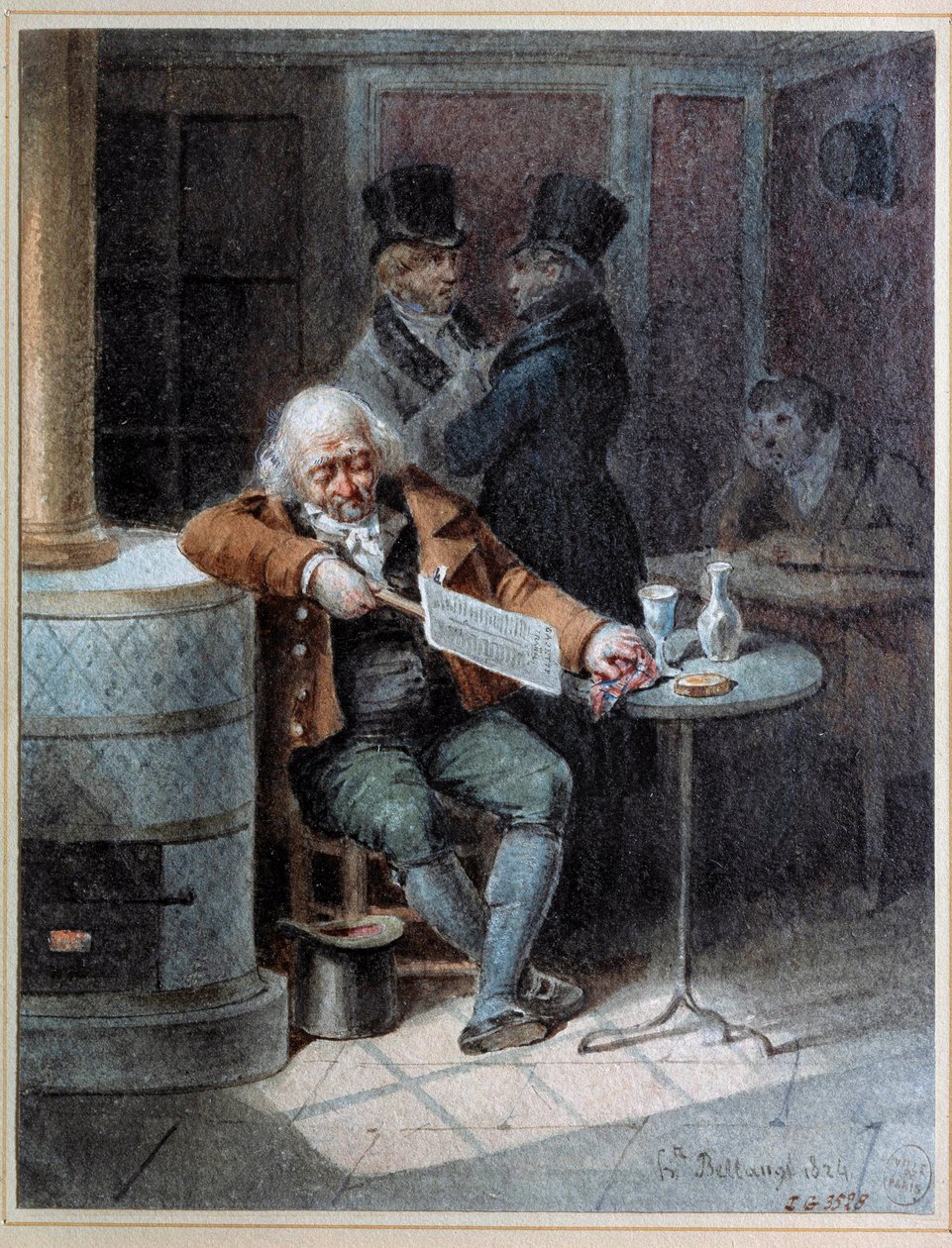 Reading of the Gazette””: gammel mand sov på en café og læste avisen “The Gazette”” i 1824. Litografi af Joseph Louis Hippolyte Bellange (1800-1866) 1824 Paris, Musee Carnavalet af Joseph Louis Hippolyte Bellange