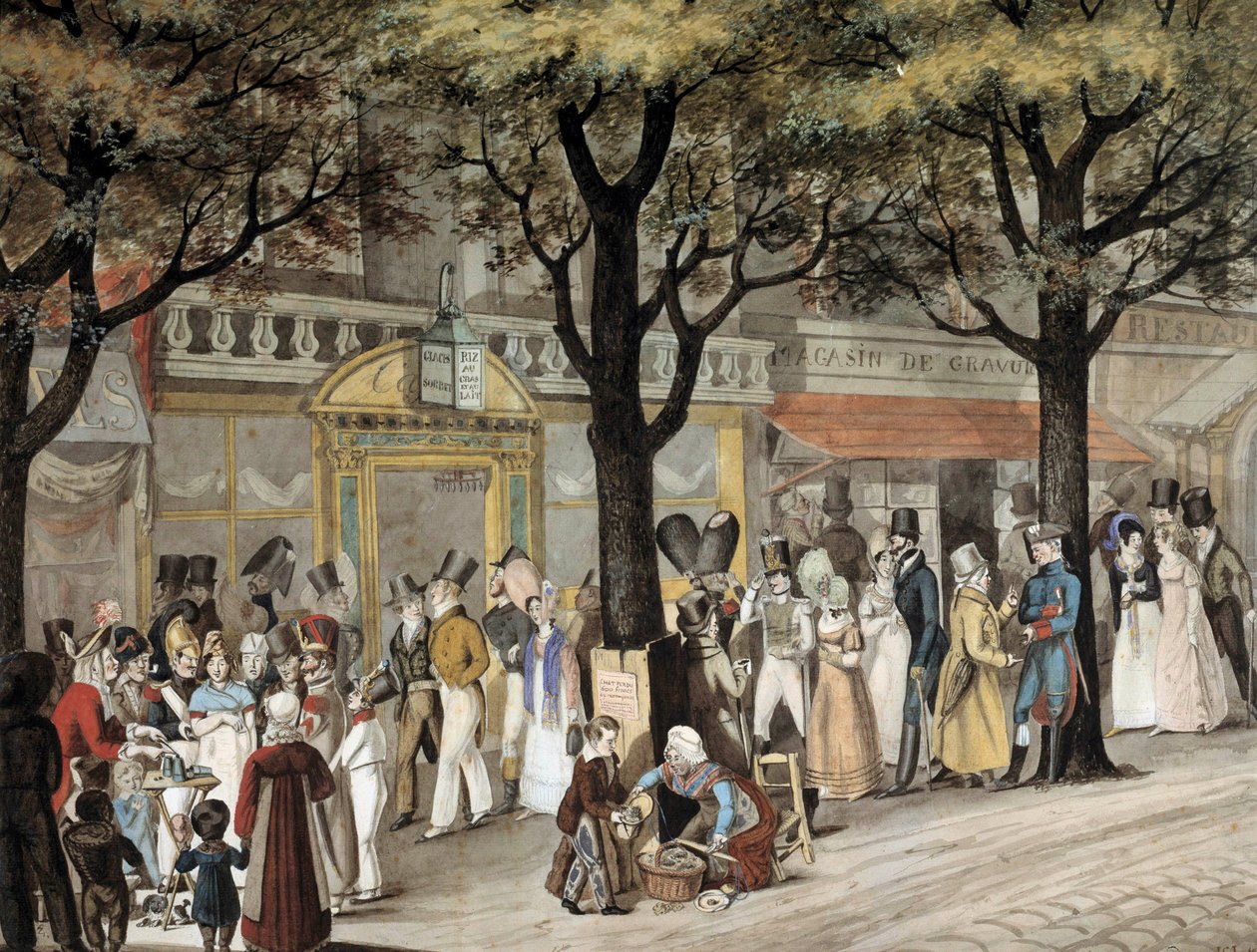 Gå på en boulevard i Paris i 1819 akvarel af Joseph Louis Bellange (1800-1866) 1819 Paris, Musee Carnavalet af Joseph Louis Hippolyte Bellange
