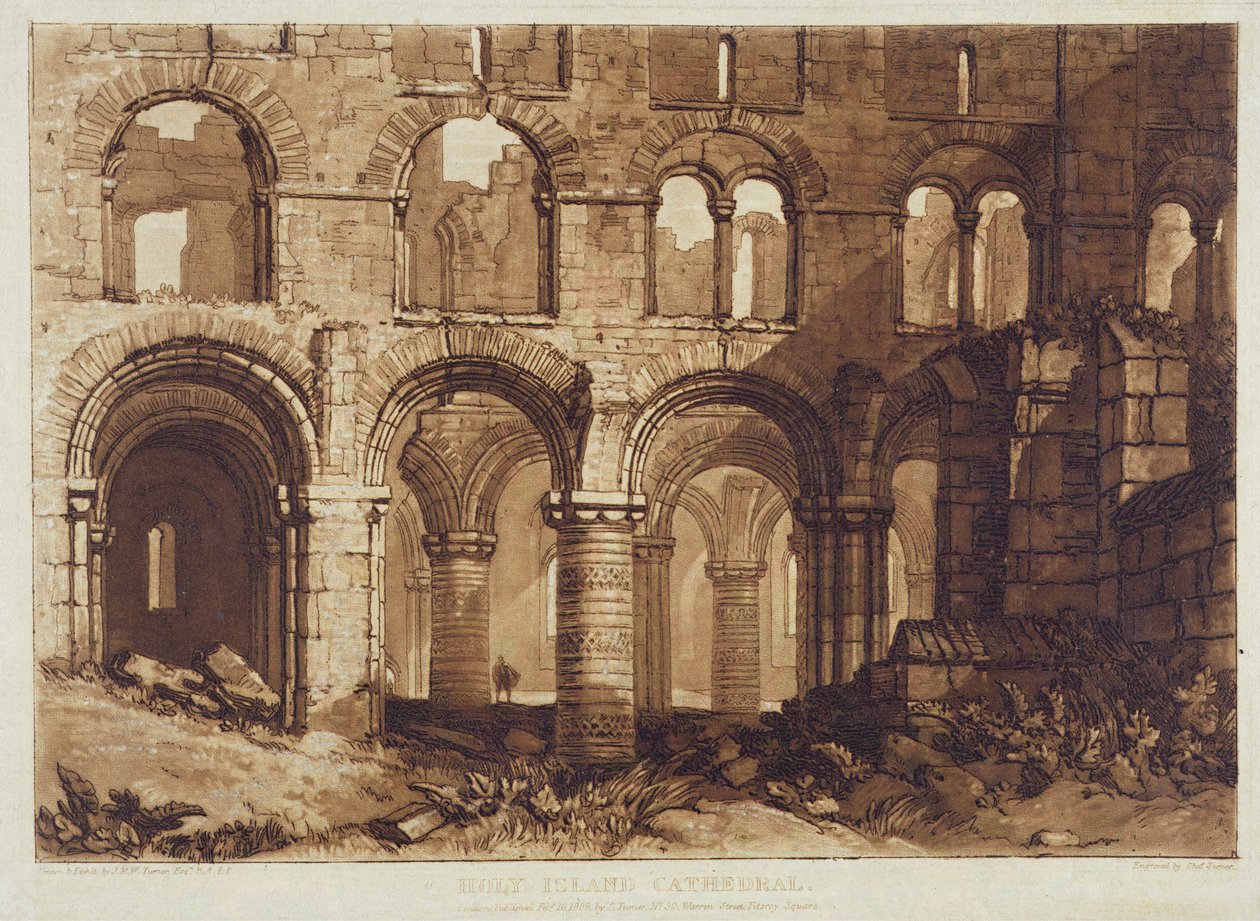 Holy Island Cathedral, indgraveret af Charles Turner (1773-1857) 1808 (gravering) af Joseph Mallord William (after) Turner