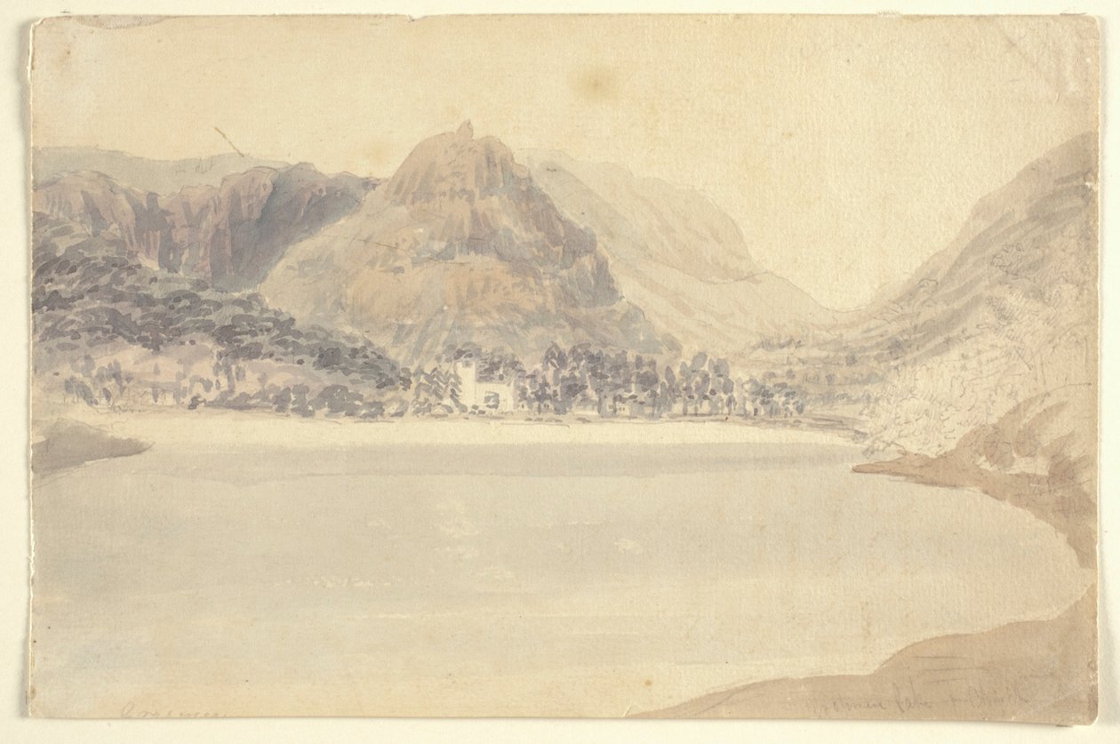 Grassmere Lake and Church (akvarel over blyant på papir) af Joseph Mallord William (attr.to) Turner