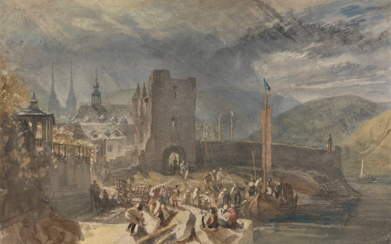 En udsigt over Boppart med figurer på flodbredden af Joseph Mallord William Turner