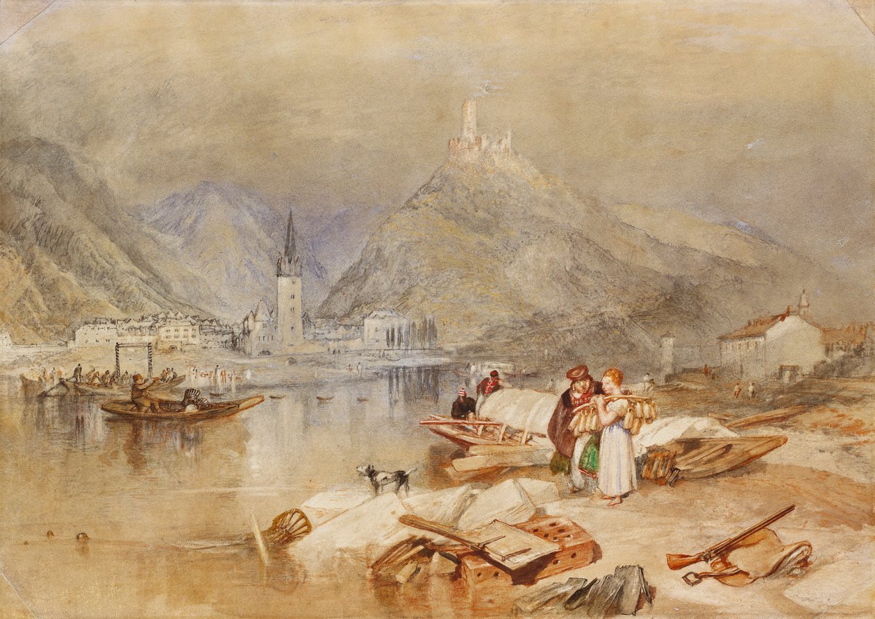 Berncastel ved Mosel med ruinerne af Landshut, ca. 1834 af Joseph Mallord William Turner