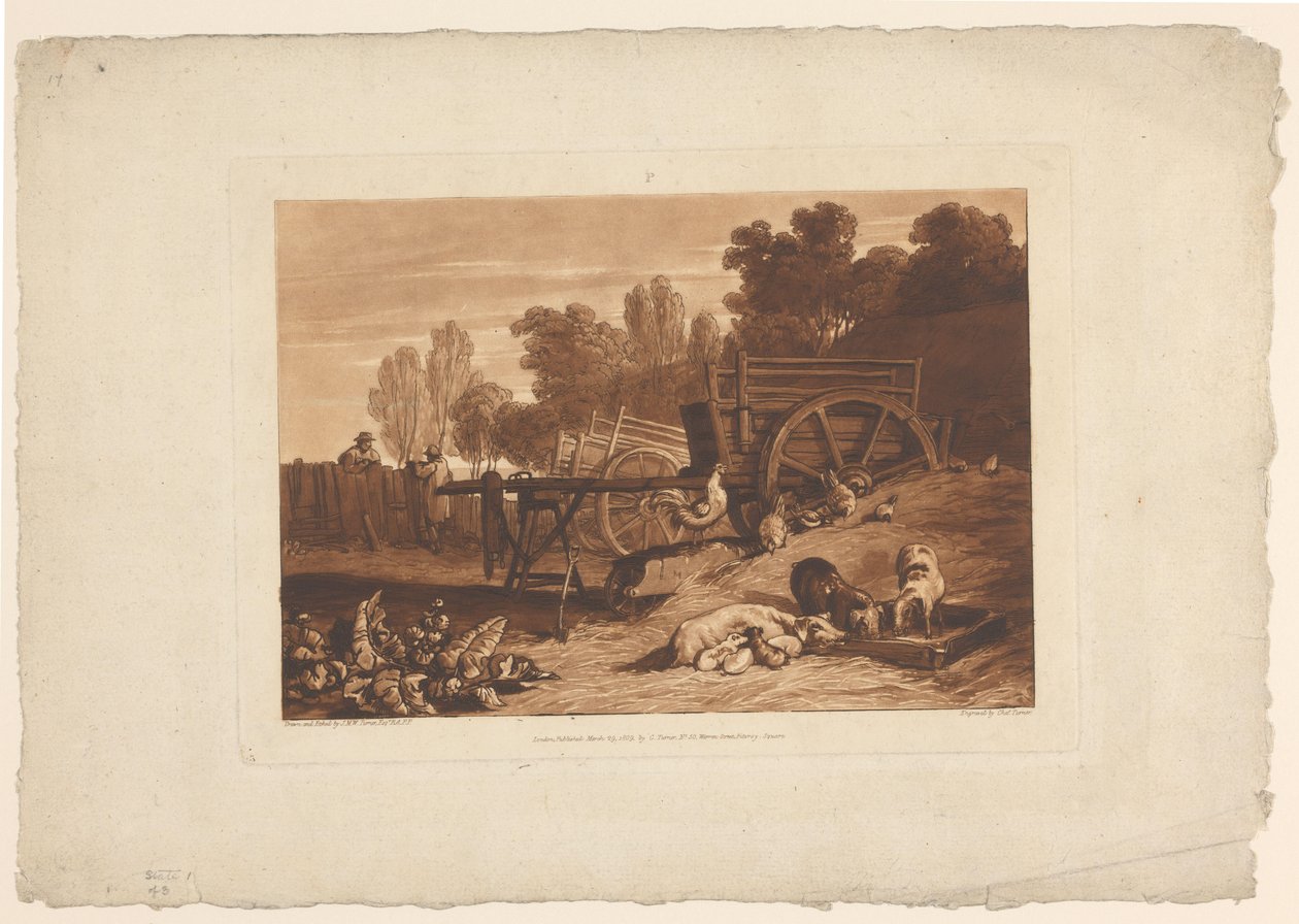 Bondegård med hane, høns og grise Gårdsgården med hanen Landskabsstudier (serietitel) Liber Studiorum (serietitel) af Joseph Mallord William Turner