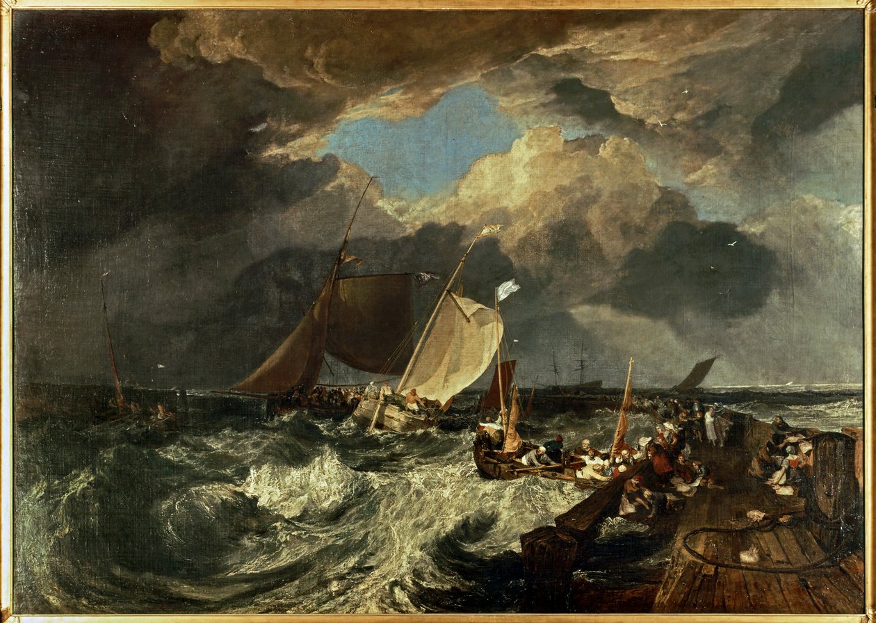 Calais Pier med franske fiskere, der gør sig klar til at sejle: En engelsk pakke ankommer ... (maleri på lærred) af Joseph Mallord William Turner