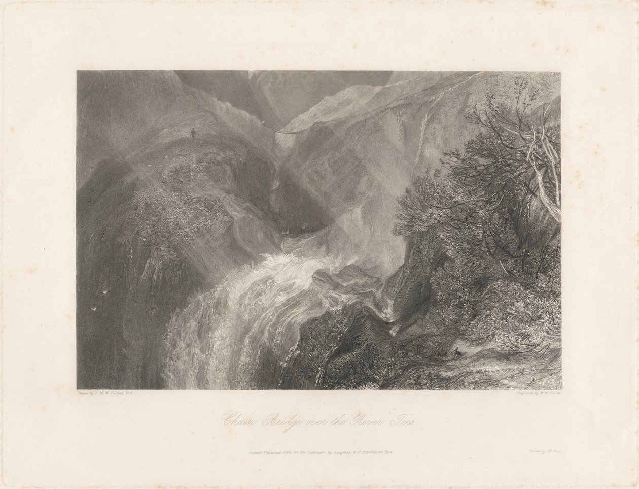 Kædebro over floden Tees, 1838 (ætsning og gravering) af Joseph Mallord William Turner