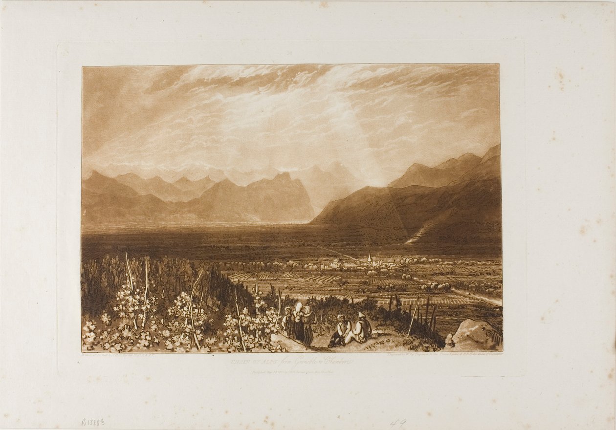 Alpernes kæde fra Grenoble til Chamberi, plade 40 fra Liber Studiorum af Joseph Mallord William Turner