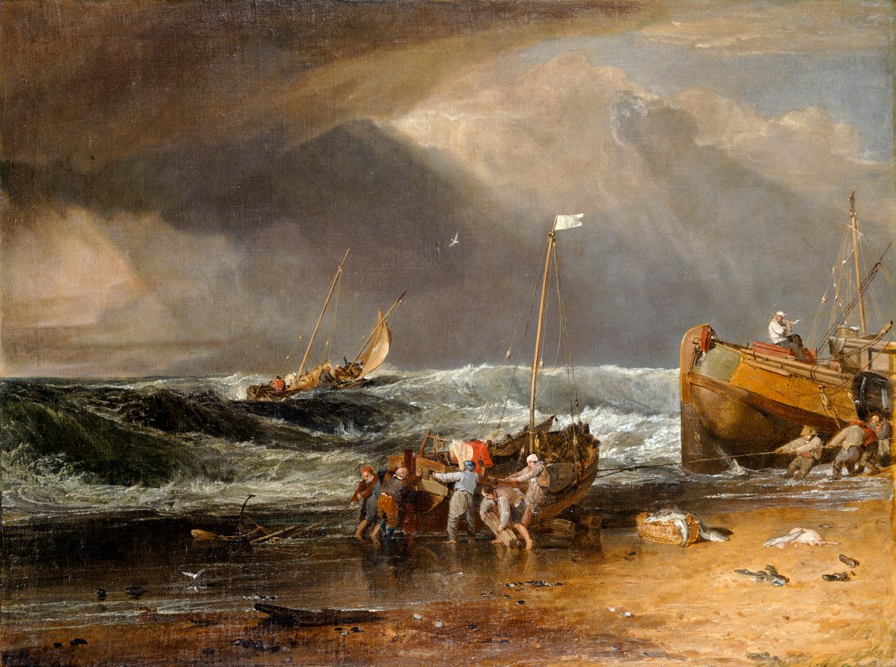 Kystscene af fiskere, der trækker en båd i land, eller The Iveagh Seapiece (olie på lærred) af Joseph Mallord William Turner