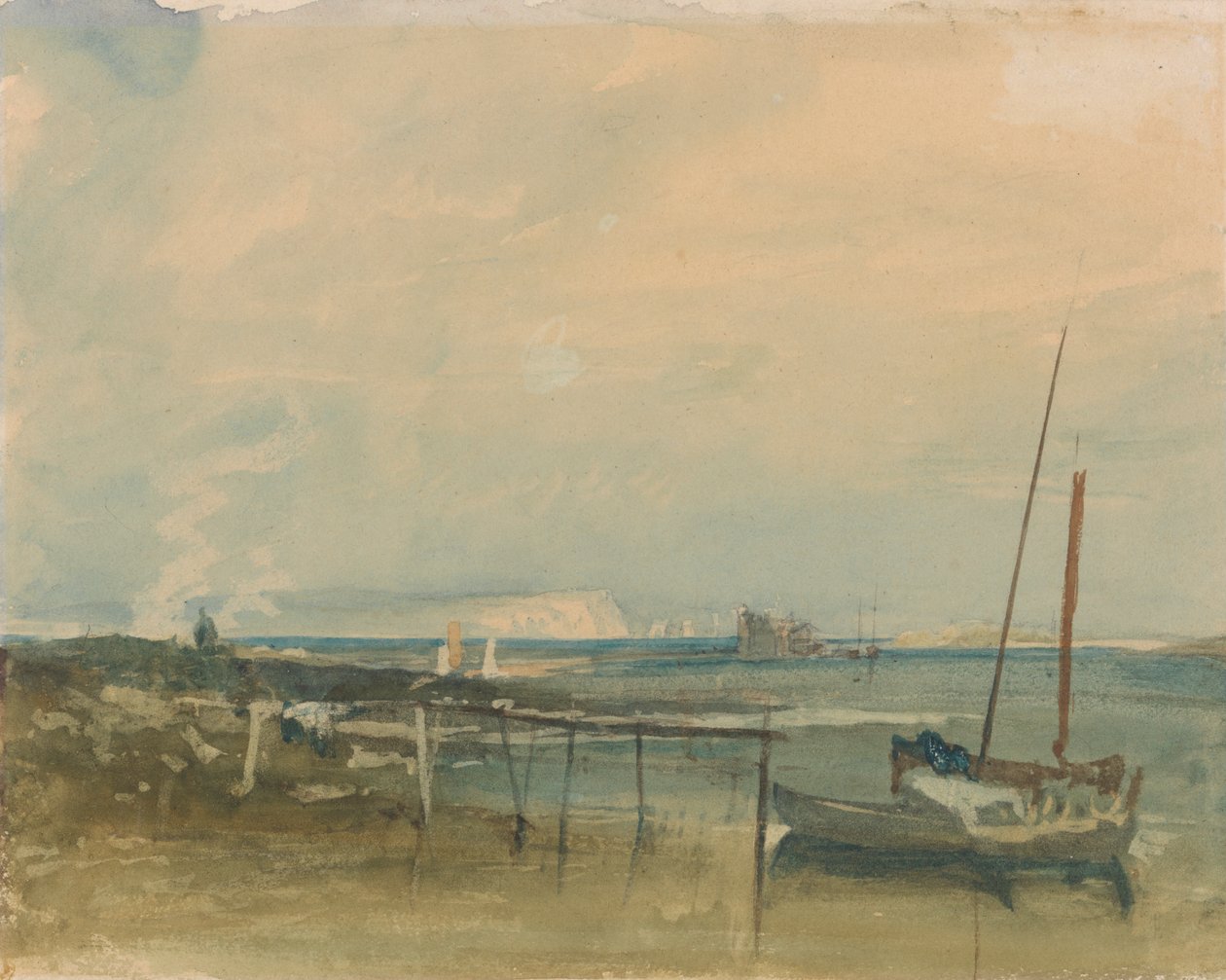 Kystscene med hvide klipper og både på kysten af Joseph Mallord William Turner