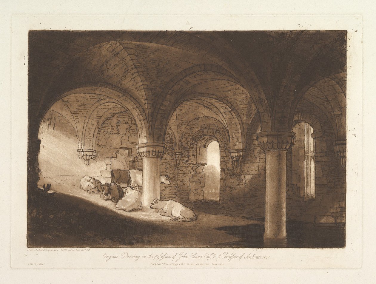 Krypten i Kirkstall Abbey, del VIII, planche 39 fra «Liber Studiorum» af Joseph Mallord William Turner