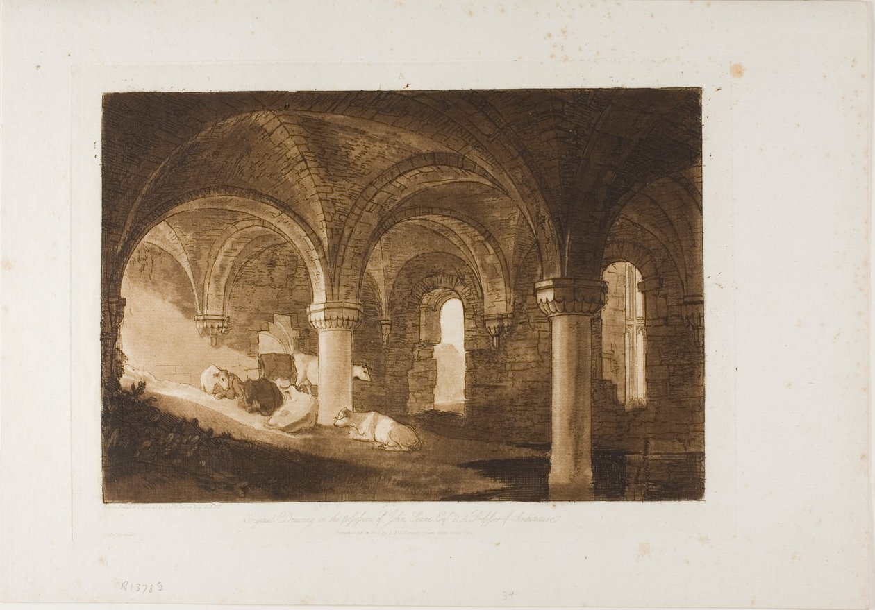 Krypten af Kirkstall Abbey, plade 39 fra Liber Studiorum af Joseph Mallord William Turner
