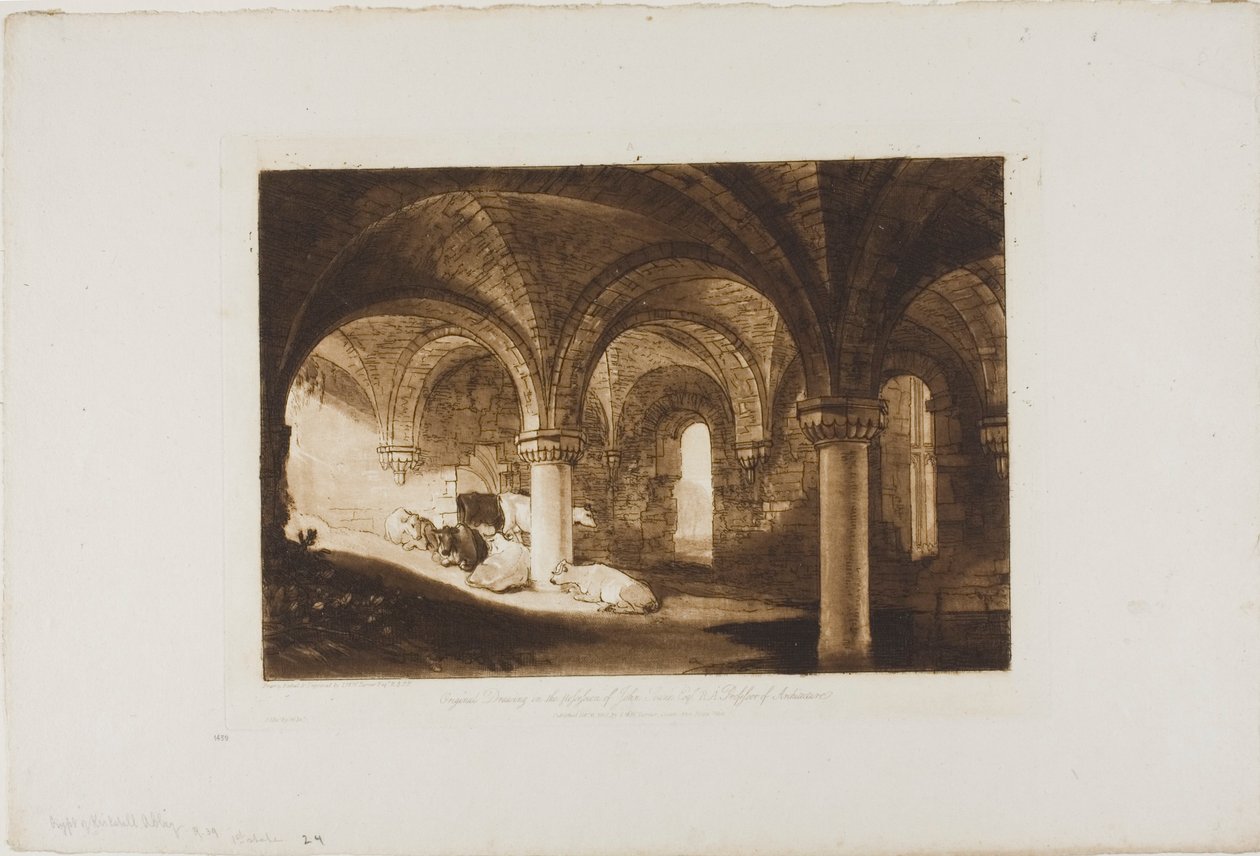 Krypten af Kirkstall Abbey, plade 39 fra Liber Studiorum af Joseph Mallord William Turner
