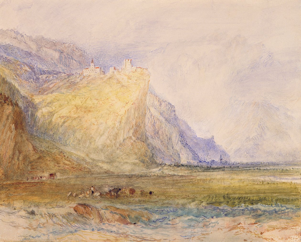 Domleschgin laakso, katsoen kaakkoon, kohti Schloss Ortensteinia, n. 1853 (akvarelli paperille) af Joseph Mallord William Turner