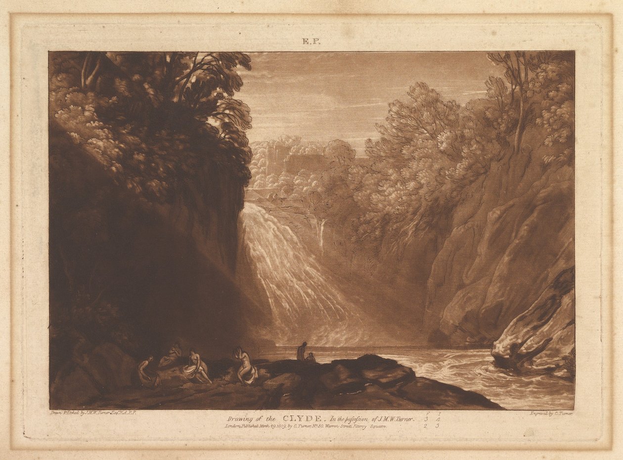 Tegning af Clyde Liber Studiorum, del IV, plade 18, 29. marts 1809. af Joseph Mallord William Turner