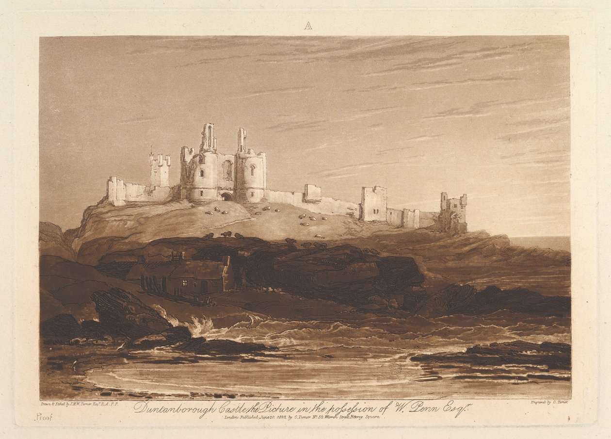 Dunstanborough Castle Liber Studiorum, del III, plade 14, 10. juni 1808. af Joseph Mallord William Turner