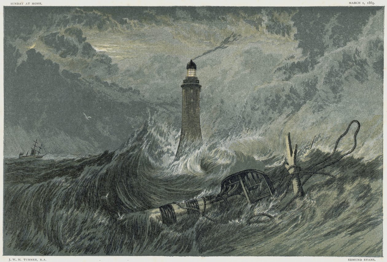 Eddystone fyrtårn, bygget på Eddystone Rock af den engelske civilingeniør John Smeaton fra 1757-1759. Kromolitografi efter maleri af JMW Turner af Joseph Mallord William Turner