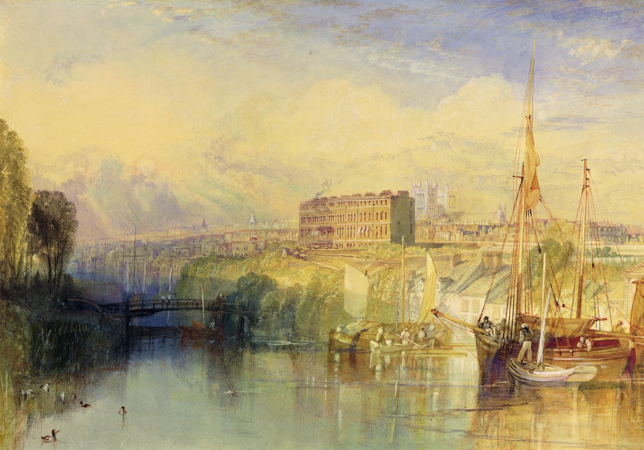 Exeter, ca. 1827 (akvarel med afskrabning og stop og gummi arabicum på papir) af Joseph Mallord William Turner