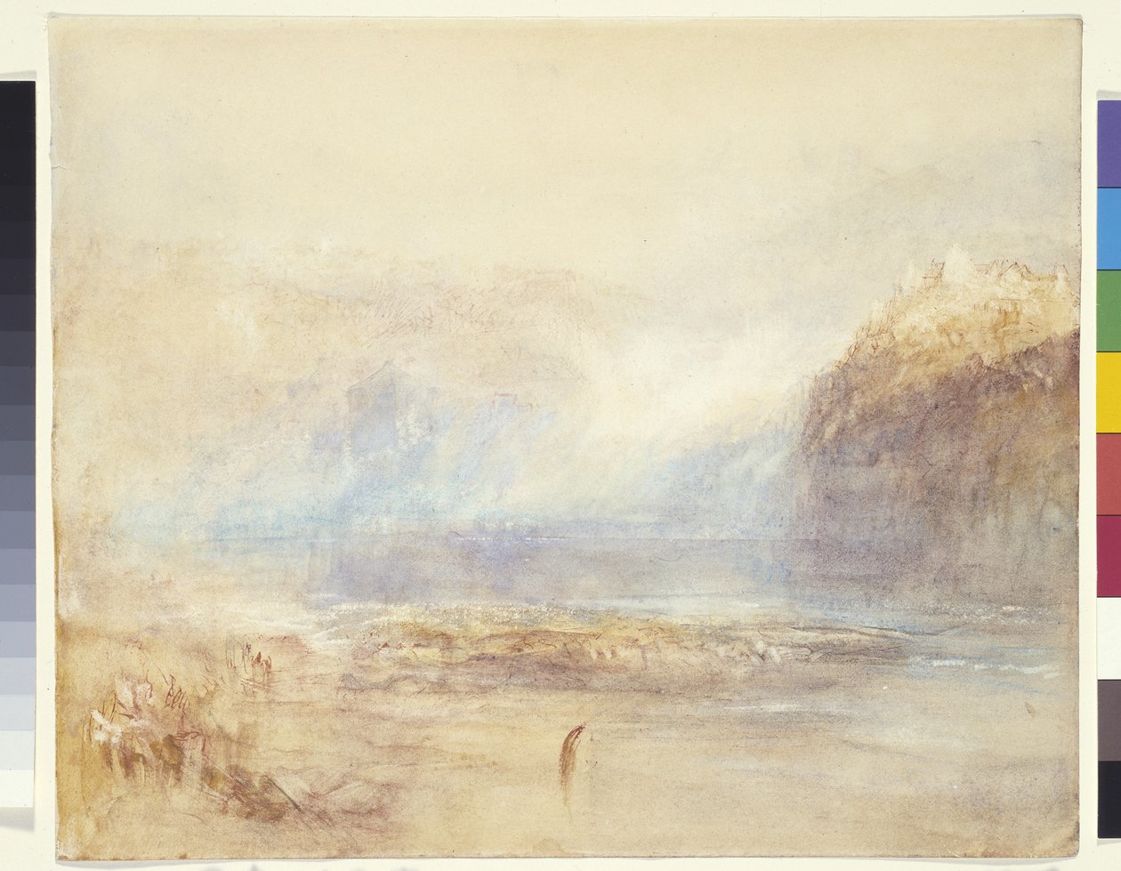 Falls Of The Rhine At Schaffhausen - Distant View (akvarel, pen og rød blæk over grå vask på hvidt papir) af Joseph Mallord William Turner