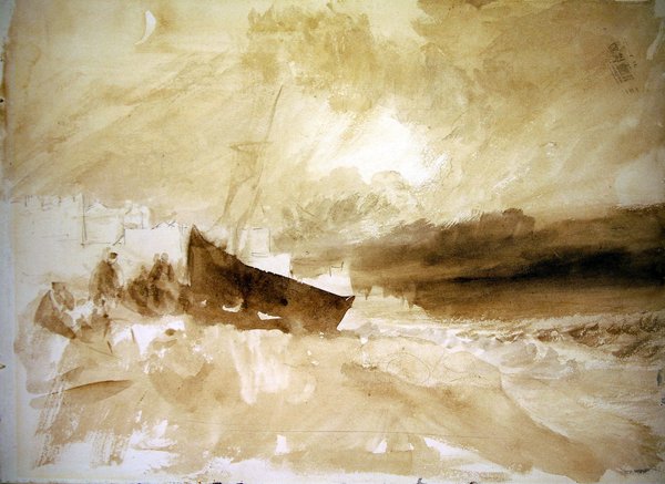 Figurer af en båd trukket op på stranden ved Brighton af Joseph Mallord William Turner