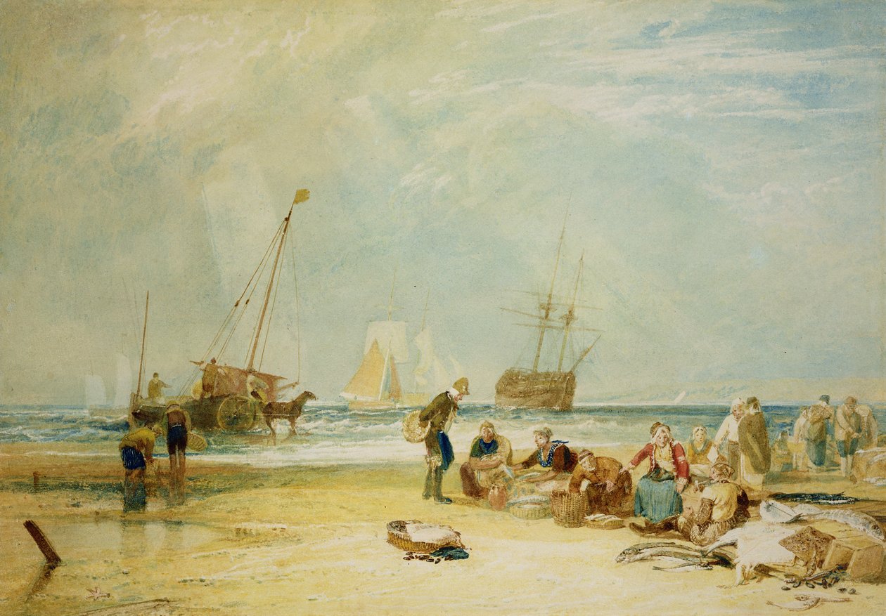 Fishmarket on the Sands, Hastings (wc) af Joseph Mallord William Turner