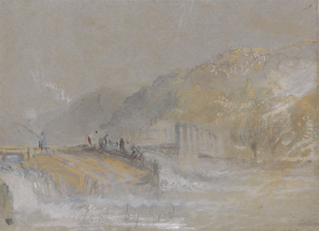 Foul by God: flodlandskab med lystfiskere, der fisker fra et stemmeværk af Joseph Mallord William Turner