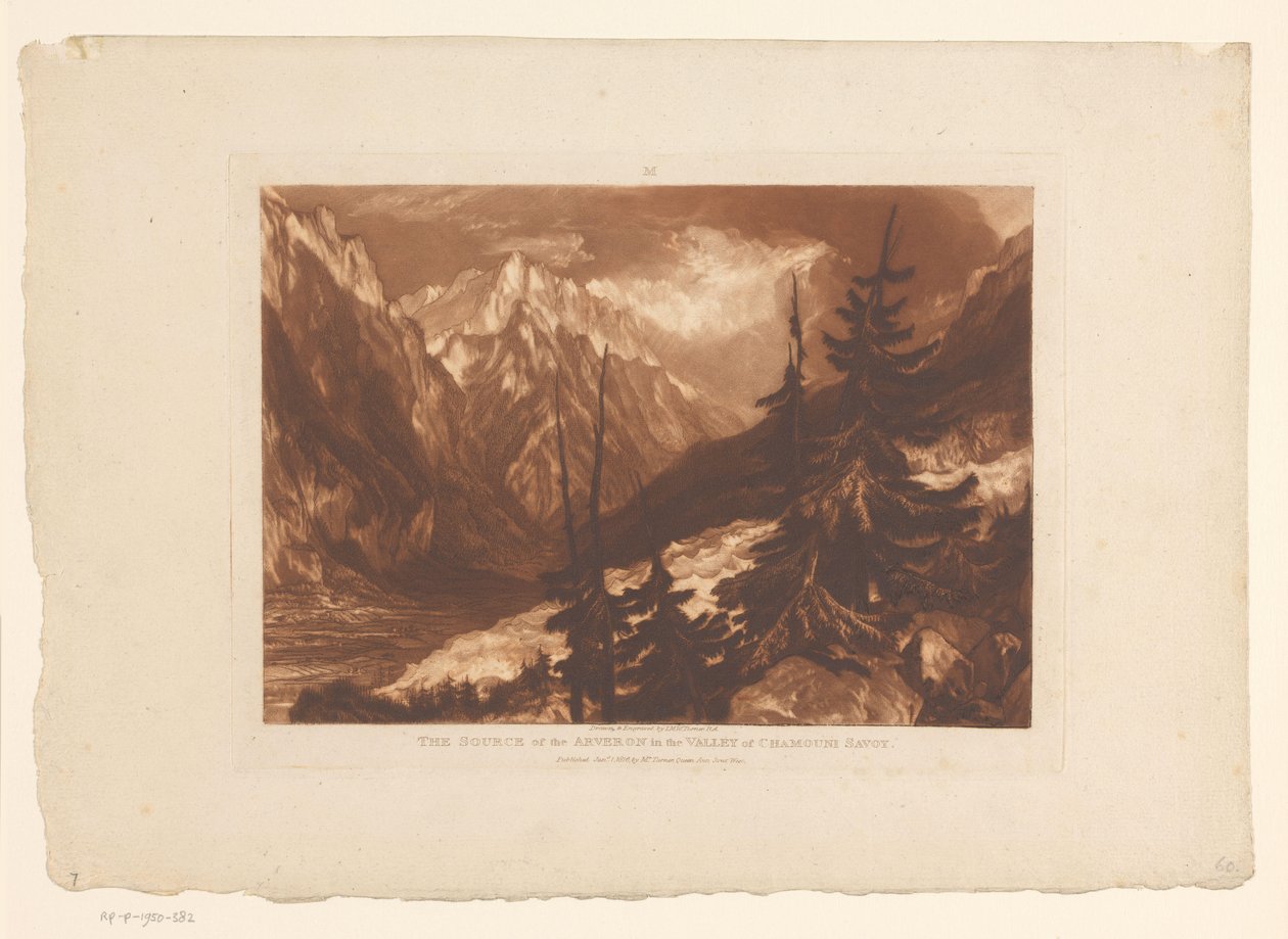 Udsigt over Chamonix-dalen med floden Arveyron Kilden til Arveron i Chamouni Savoy-dalen (titel på objektet) Landskabsstudier (serietitel) Liber Studiorum (serietitel) af Joseph Mallord William Turner