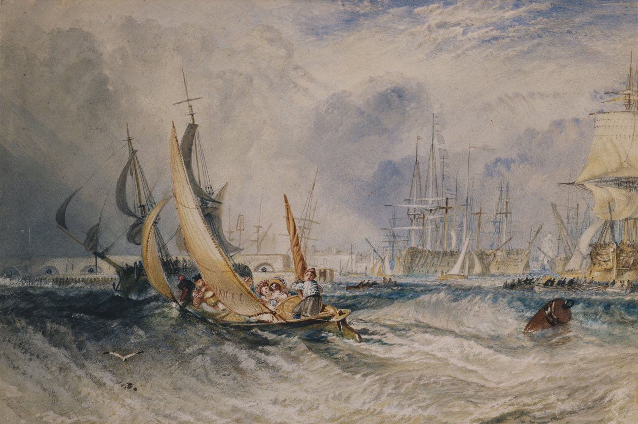 Gosport: The Entrance to Portsmouth Harbour, ca. 1829 (akvarel forhøjet med gummi arabicum på papir) af Joseph Mallord William Turner