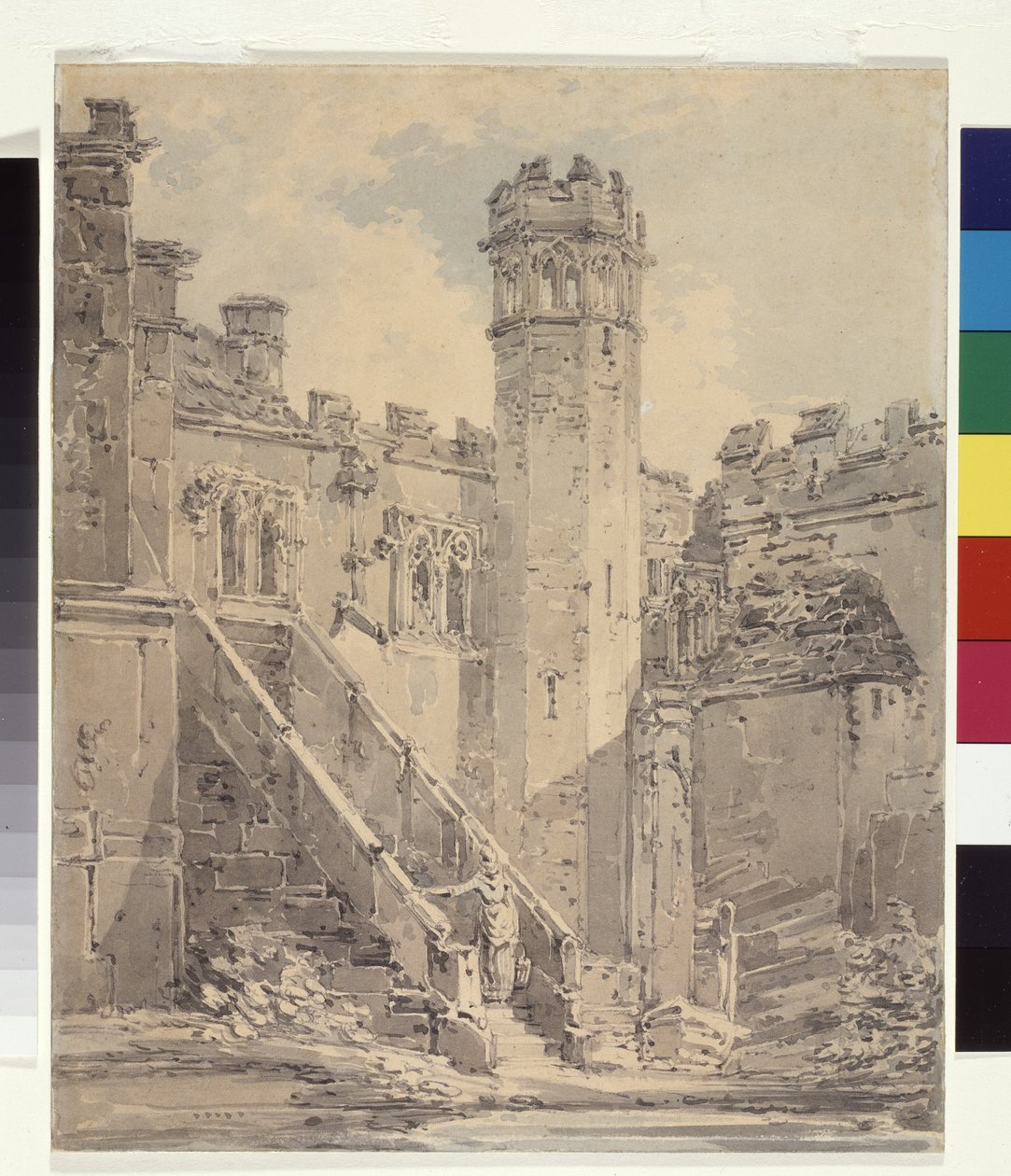Haddon Hall nær Bakewell, Derbyshire (blåt og gråt blæk vaskes over blyant på hvidt papir) af Joseph Mallord William Turner