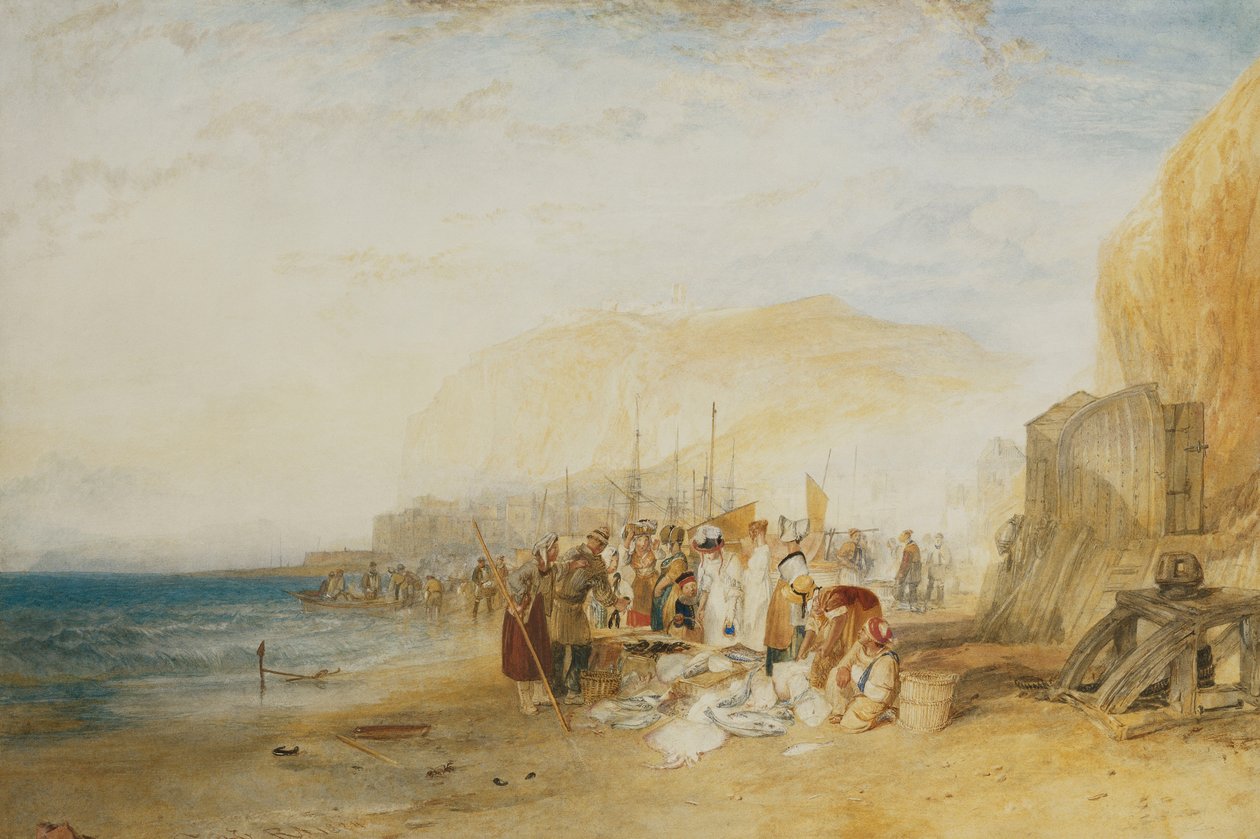 Hastings: Fiskemarked på sandet, tidlig morgen, 1822 af Joseph Mallord William Turner
