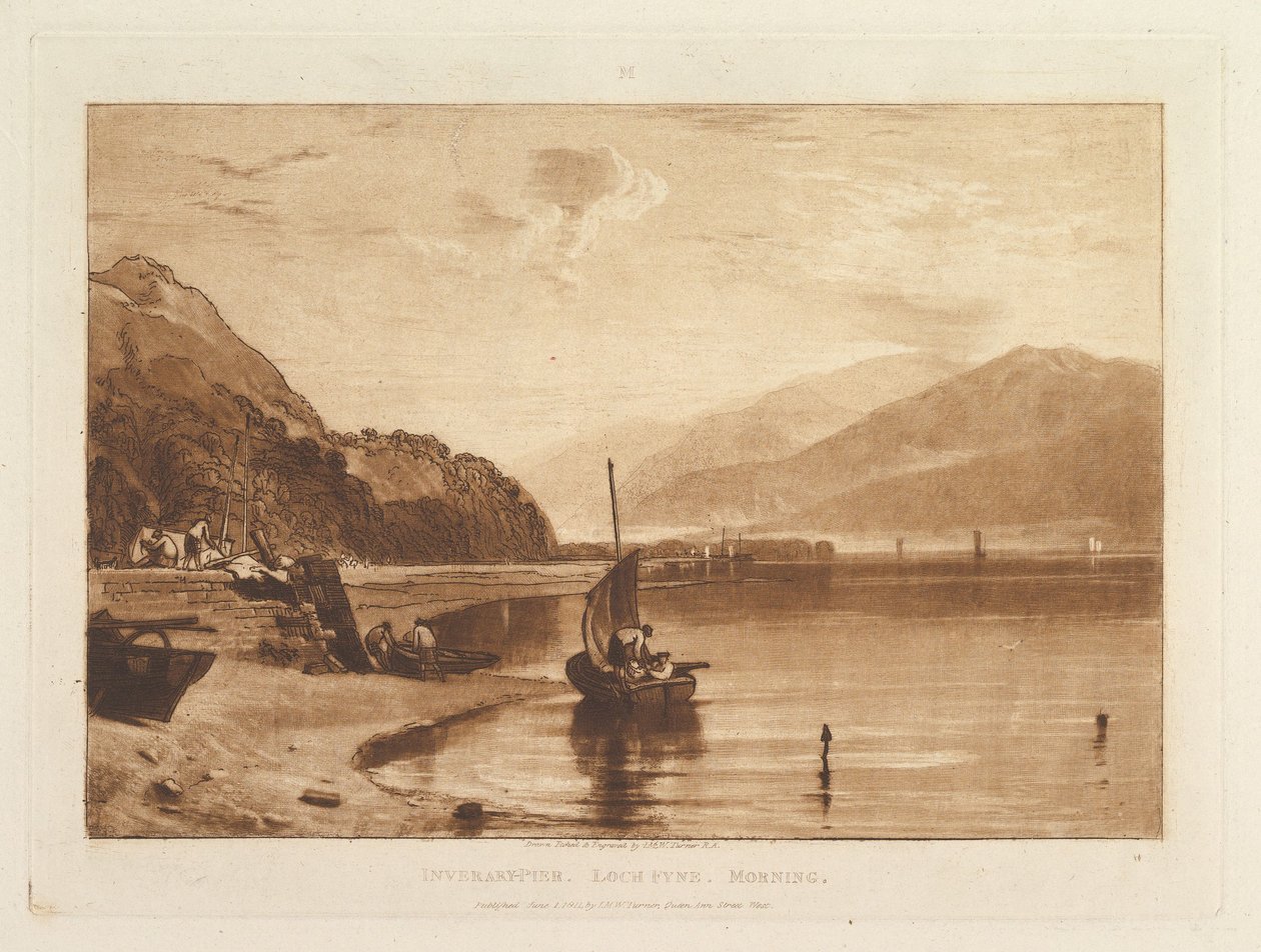 Inverary Pier, Loch Fyne, Morning Liber Studiorum, del VII, tavle 35, 1. juni 1811. af Joseph Mallord William Turner