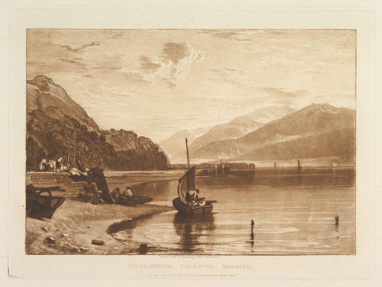 Inverary Pier, Loch Fyne, morgen, del VII, plansche 35 fra «Liber Studiorum» af Joseph Mallord William Turner