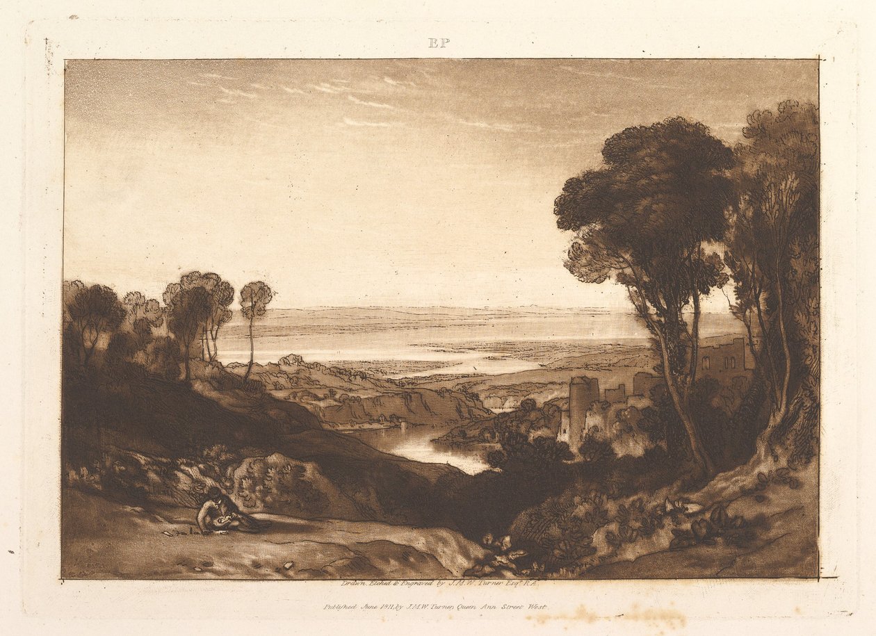 Sammenløbet af Severn og Wye, del VI, plansche 28 fra „Liber Studiorum“ af Joseph Mallord William Turner