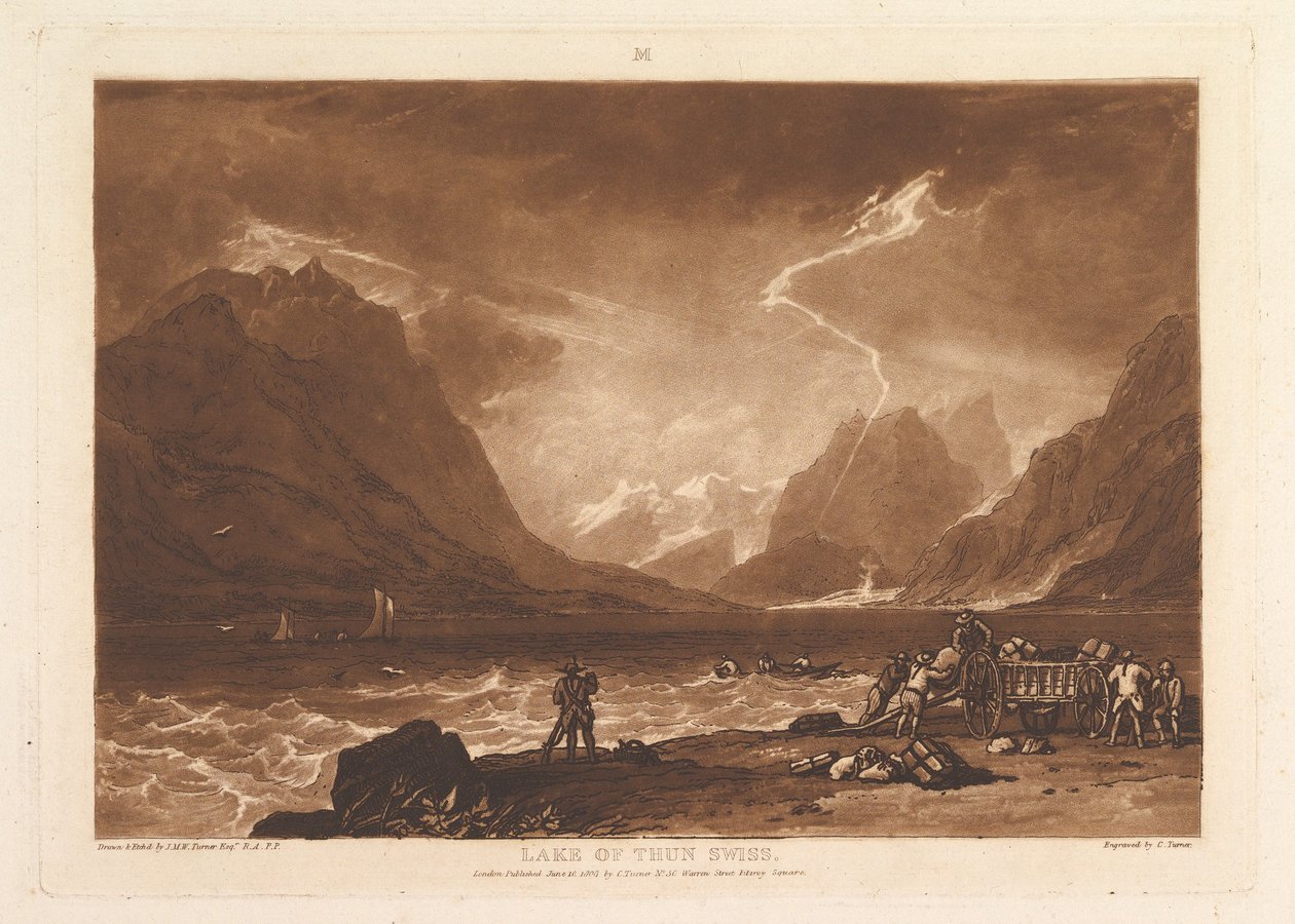 Thun-søen, schweiziske Liber Studiorum, del III, plade 15, 10. juni 1808. af Joseph Mallord William Turner