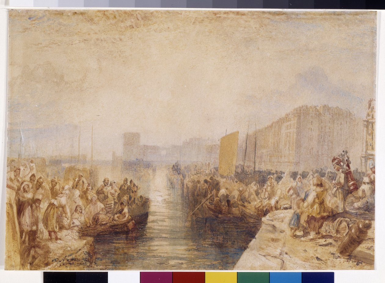 Le Havre: Solnedgang (akvarel forstærket med pen og rødt blæk på hvidt papir) af Joseph Mallord William Turner