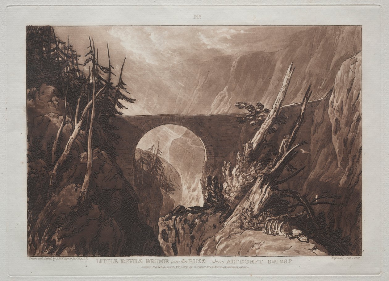 Liber Studiorum: Little Devils Bridge over Russ, over Altdorft, Schweiz. af Joseph Mallord William Turner
