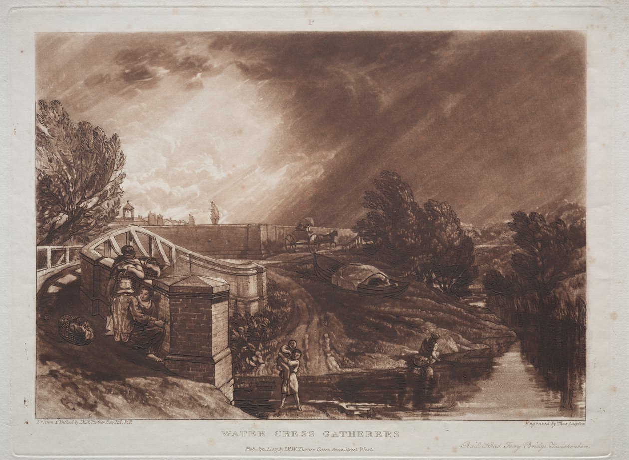 Liber Studiorum: Watercress Gatherers, Rails Head, Ferry Bridge, Twickenham. af Joseph Mallord William Turner