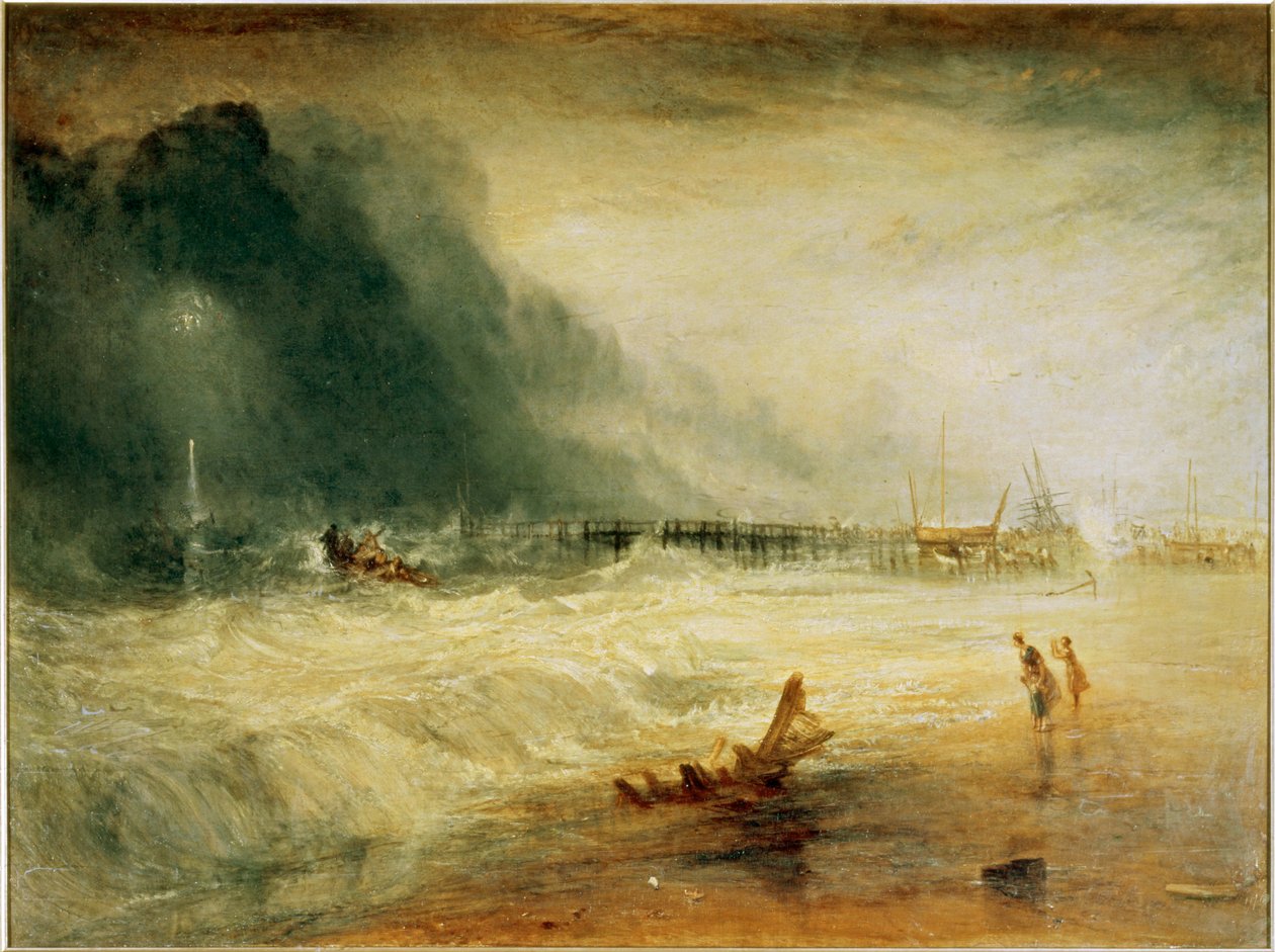 Redningsbåd og mandskabsapparat på vej til hjælp for et strandet skib, der sender nødsignal ... (maleri på lærred) af Joseph Mallord William Turner