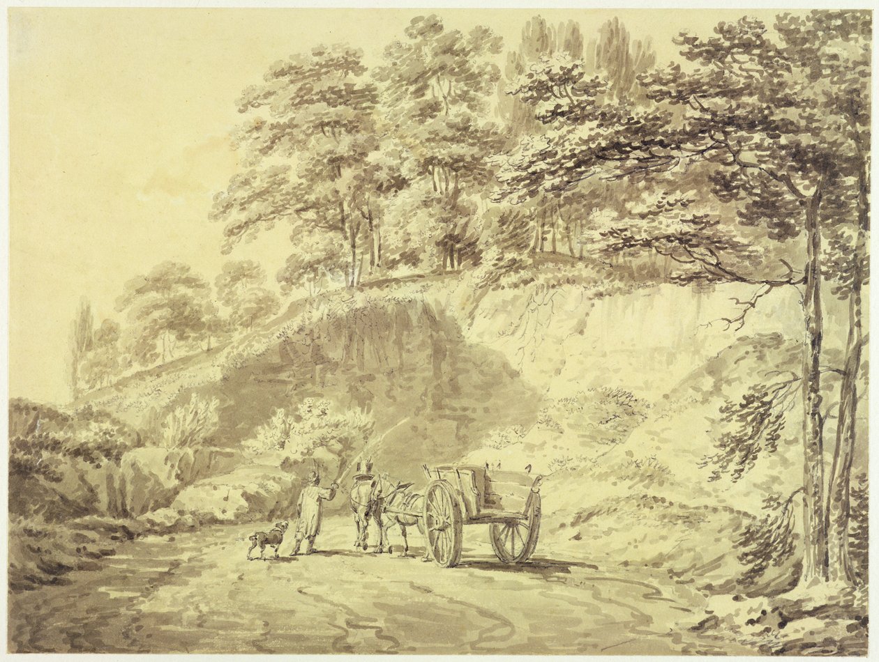 Mand med hest og vogn på vej ind i et stenbrud, ca. 1797 (grafit og grå vask på papir) af Joseph Mallord William Turner
