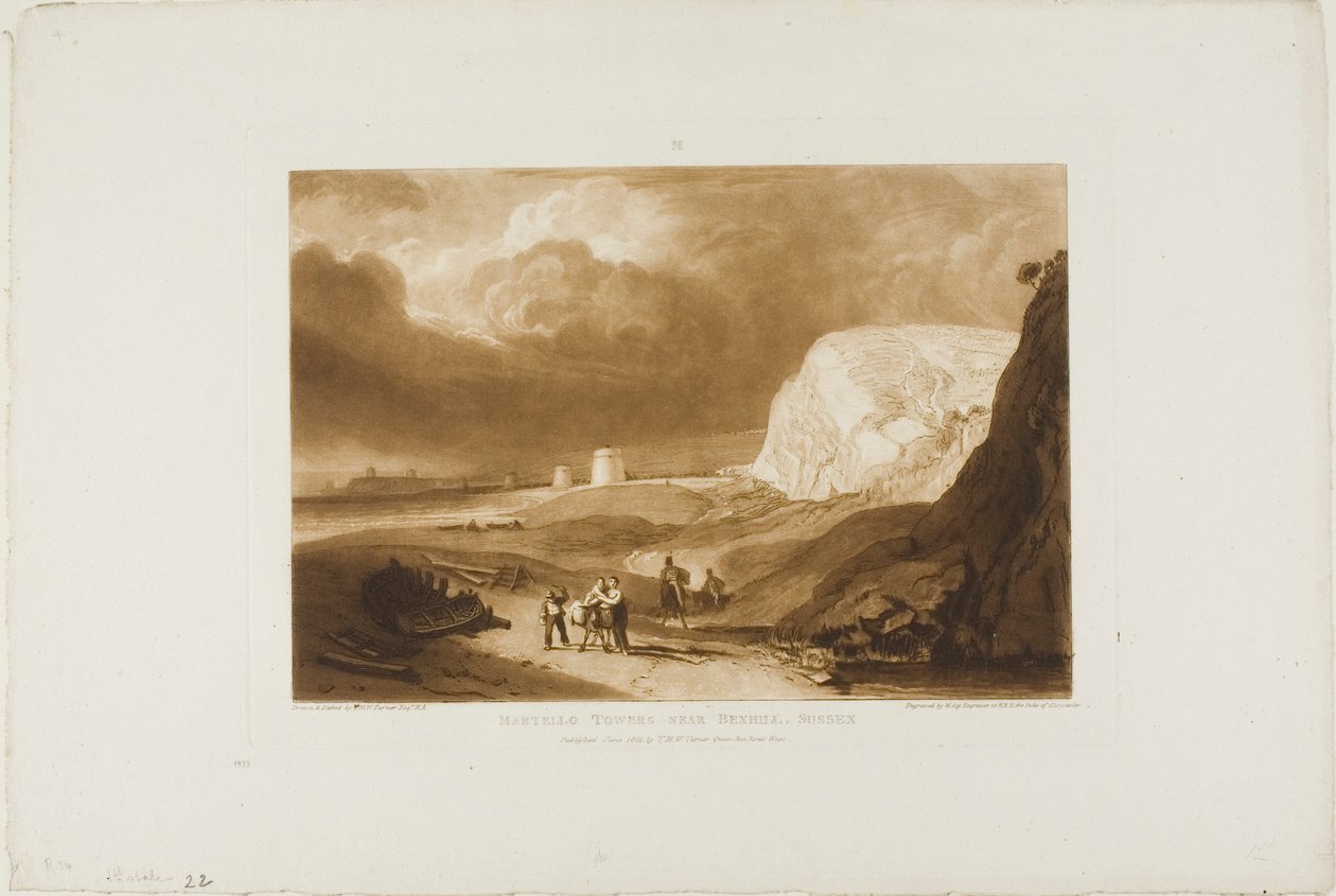 Martello Towers nær Bexhill, Sussex, plade 34 fra Liber Studiorum af Joseph Mallord William Turner