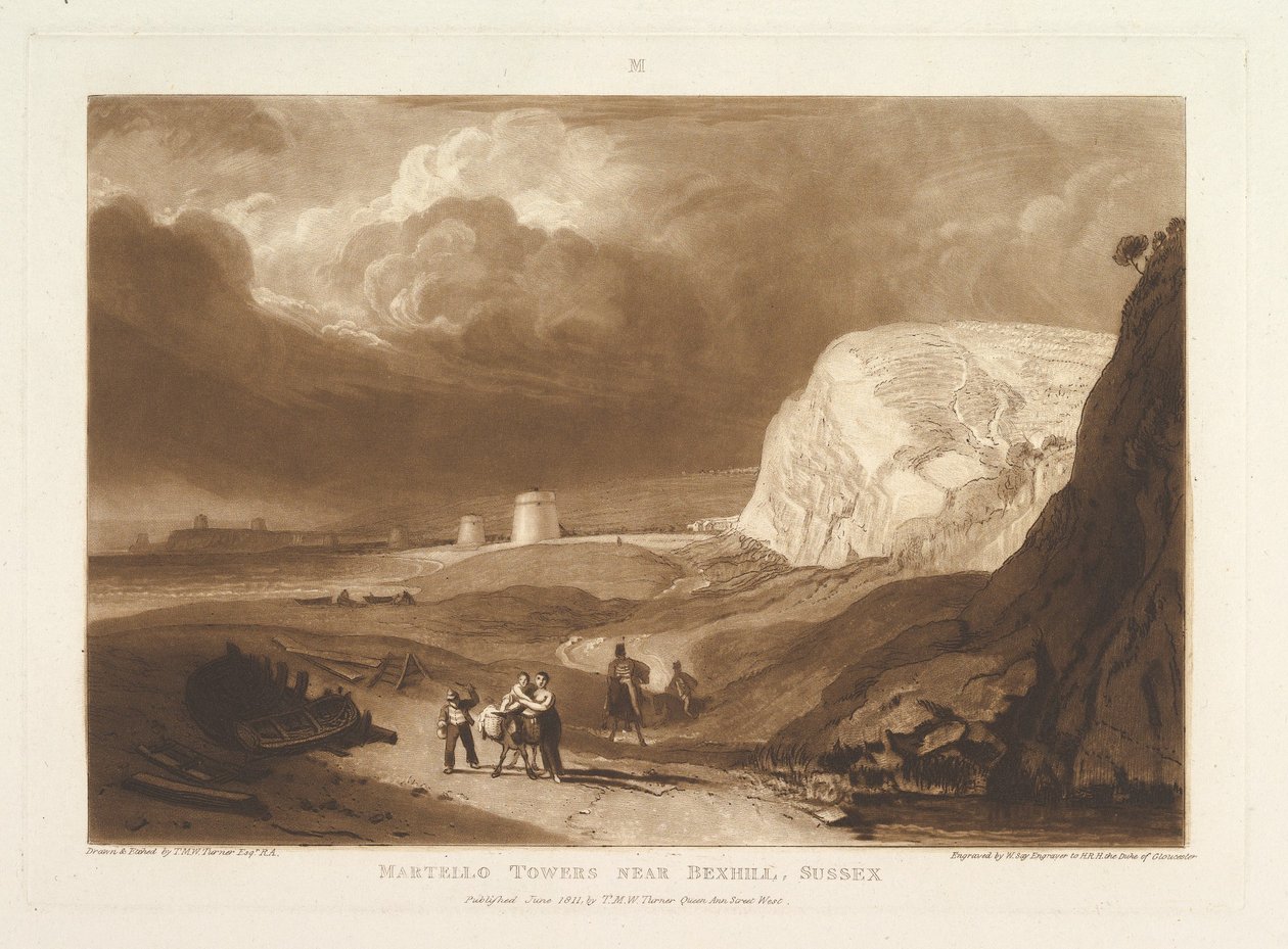 Martello Towers nær Bexhill, Sussex Liber Studiorum, del VII, plade 34, juni 1811. af Joseph Mallord William Turner