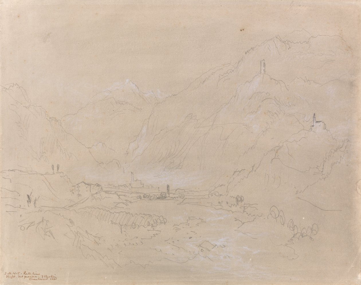 Bjerglandskab med by i dalen, ca. 1840 (grafit & grå vask på papir) af Joseph Mallord William Turner
