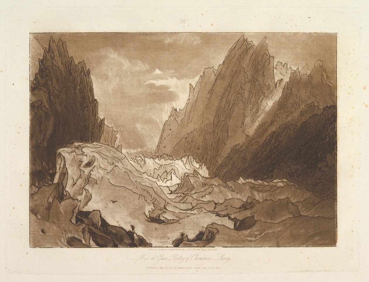 Mêr de Glace, Chamouni-Savoy-dalen Liber Studiorum, del X, plade 50, 23. maj 1812. af Joseph Mallord William Turner