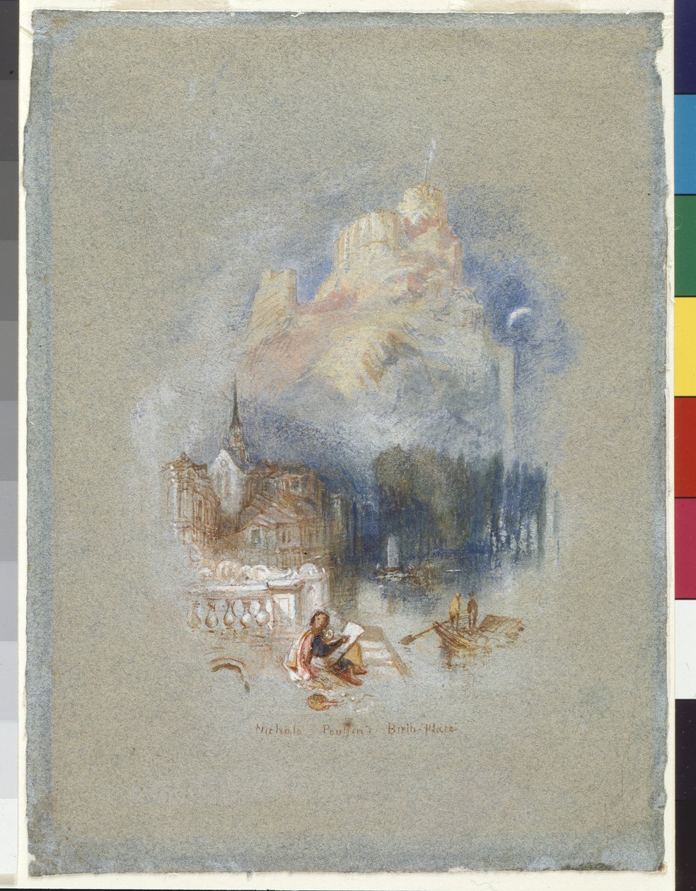 Nicholas Poussins fødested (akvarel og gouache forstærket med rødt blæk på blåt papir) af Joseph Mallord William Turner